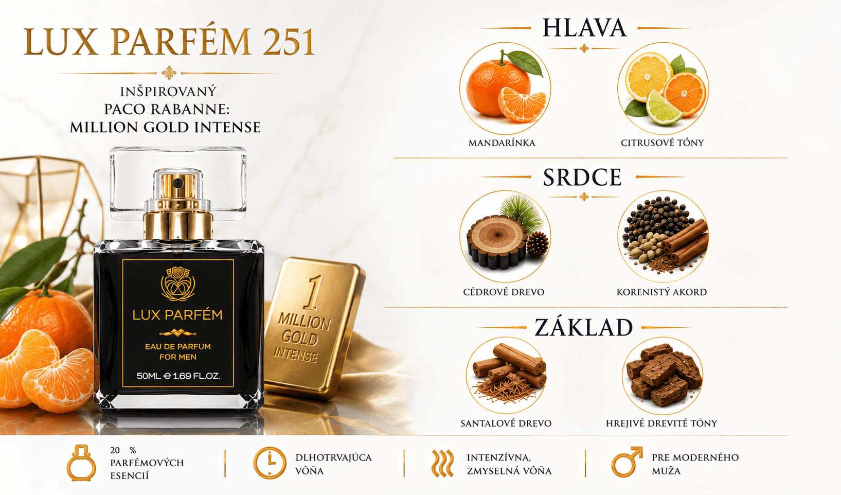 Lux Parfém 251 – Inšpirovaný Paco Rabanne: Million Gold Intense